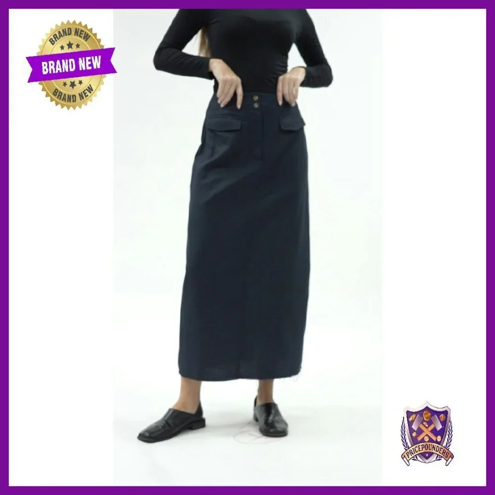 Linen High Waist A-Line Midi Skirt with Pockets Raw Hem Workwear